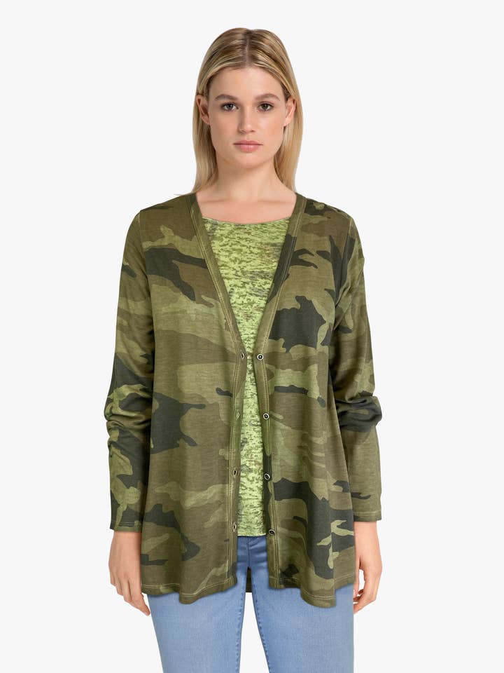 Camo Button Up Boyfriend Cardigan (D190361) for wholesale by Dantelle Apparel