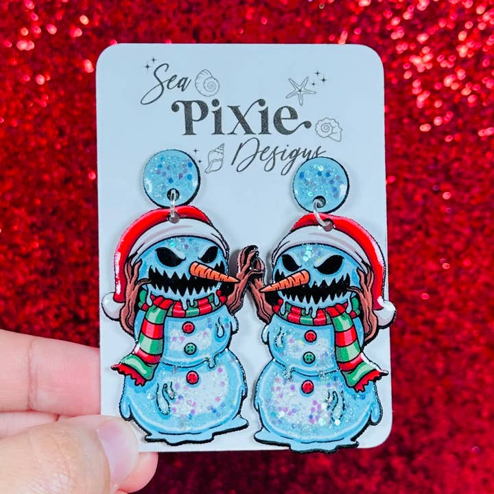 Haunted Snowman Halloween Dangle Earrings, Spooky & Cute for wholesale by Sea Pixie Designs
