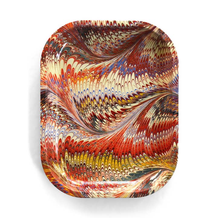 Vassoio Portagioie in Metallo con Motivo di Carta Marmorizzata Vintage Rosso e Oro per la vendita all'ingrosso da parte di Curious Prints