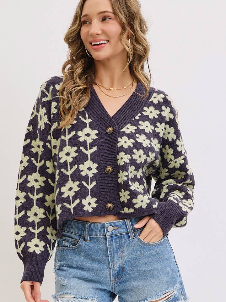 NAVY COZY PLAYFUL CASUAL FLORAL PRINT SWEATER KNIT CARDIGAN for wholesale on Faire1