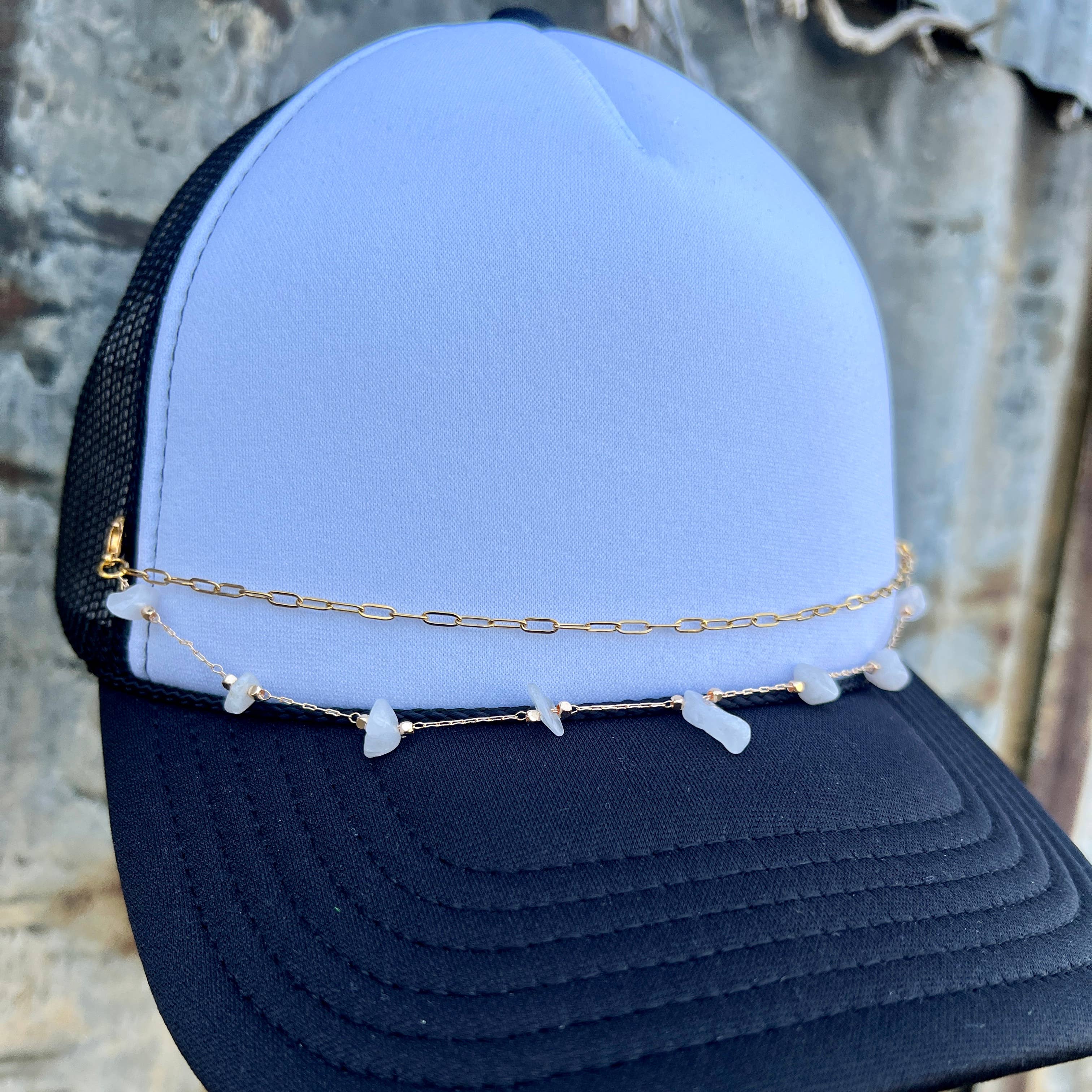 RiOak Design & Hat Co. - Wholesale Hat Accessory - Women's - Double Gold & White Rock Chain w/ Lobster Clips1
