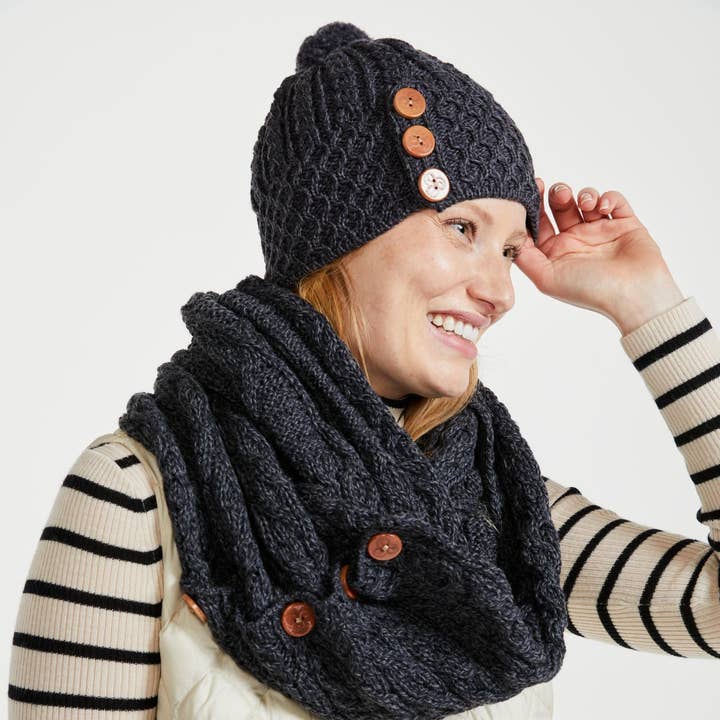 Aran Woollen Mills - Wholesale Beanie - Women's - Shrule Aran Hat with Pom Pom - Grey0