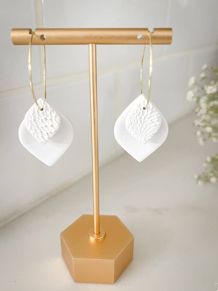 Clay Earring | White Double Leaf Hoop Dangle for wholesale by Kush Life Designs