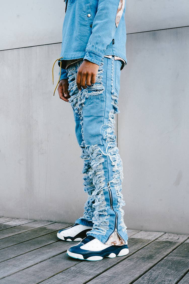 Denim Dawn Damaged Flared Stacked Jeans for wholesale on Faire6