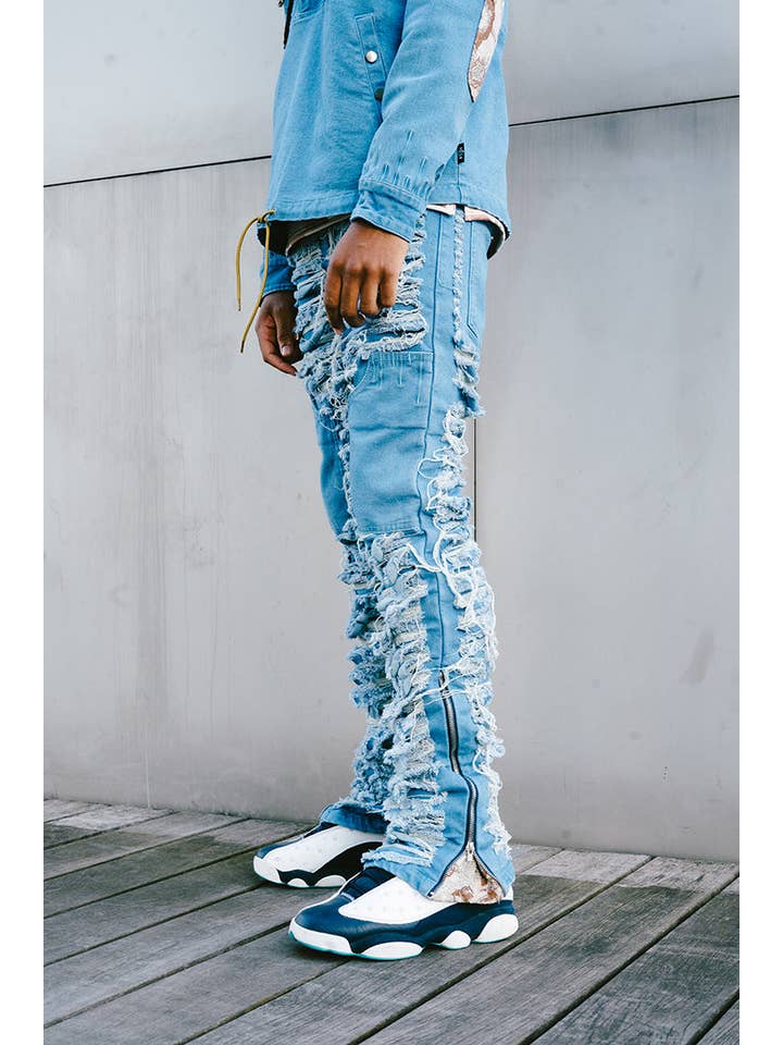 Denim Dawn Damaged Flared Stacked Jeans for wholesale on Faire6