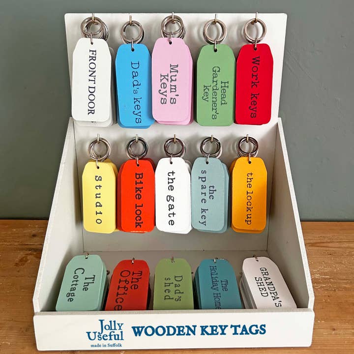 THE WOODEN POSTCARD COMPANY - Wholesale Retailer Display Stand/Case - 96 WOODEN KEY TAGS + FREE BOX DISPLAY