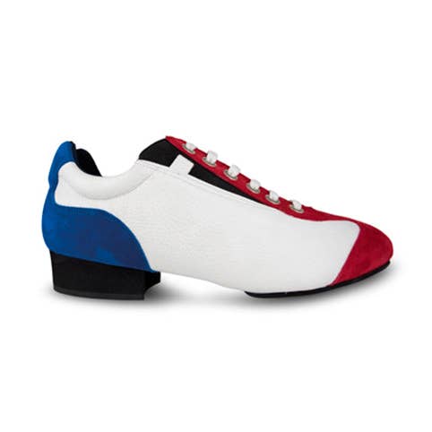 Dbs dancing shoes herensneakers voor street- en popdans in wit, rood en blauw suède met zwarte buffalozool voor wholesale door Dbs dancing shoes