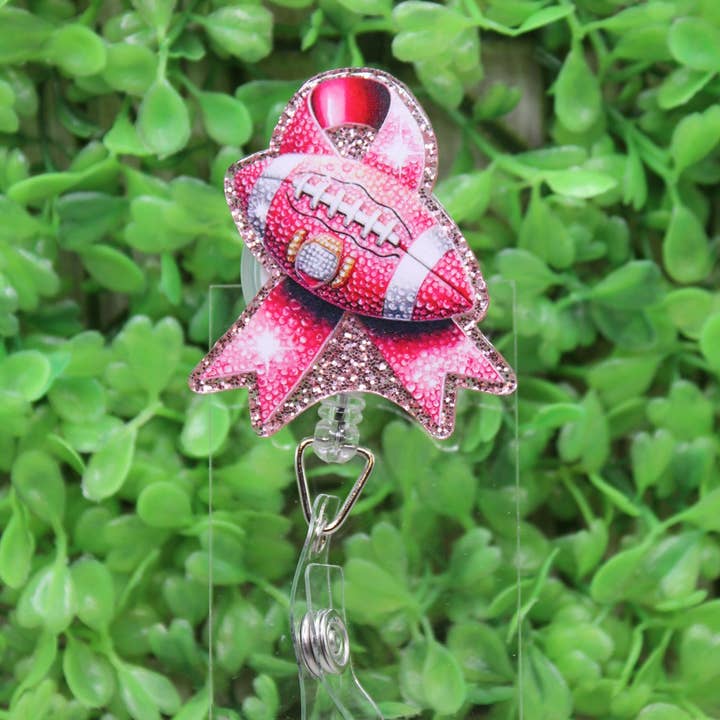 Breast Cancer Ribbon Football Badge/ID Holder Reel for wholesale by Hylidae Boutique