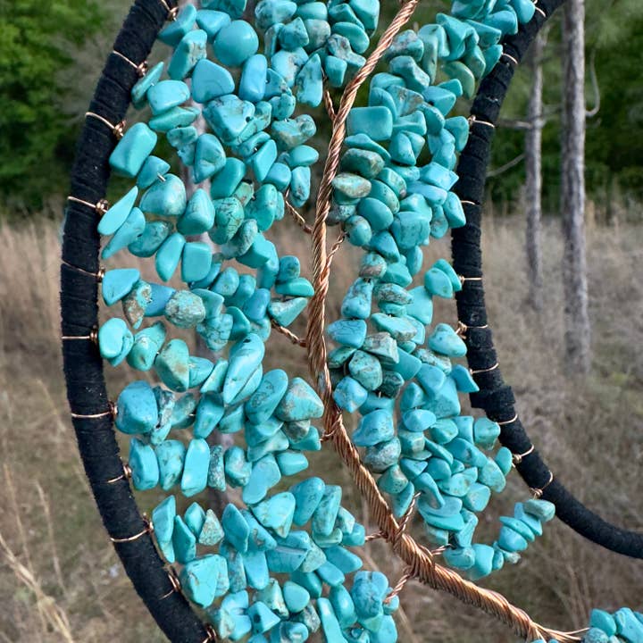 Guzel Handcrafts - Wholesale Dream Catcher - Medium Wall Hanging Crescent Moon Dream Catcher with Turquoise Stones & Hanging Stone Charm with Turquoise Black Feathers Modern Home Decor