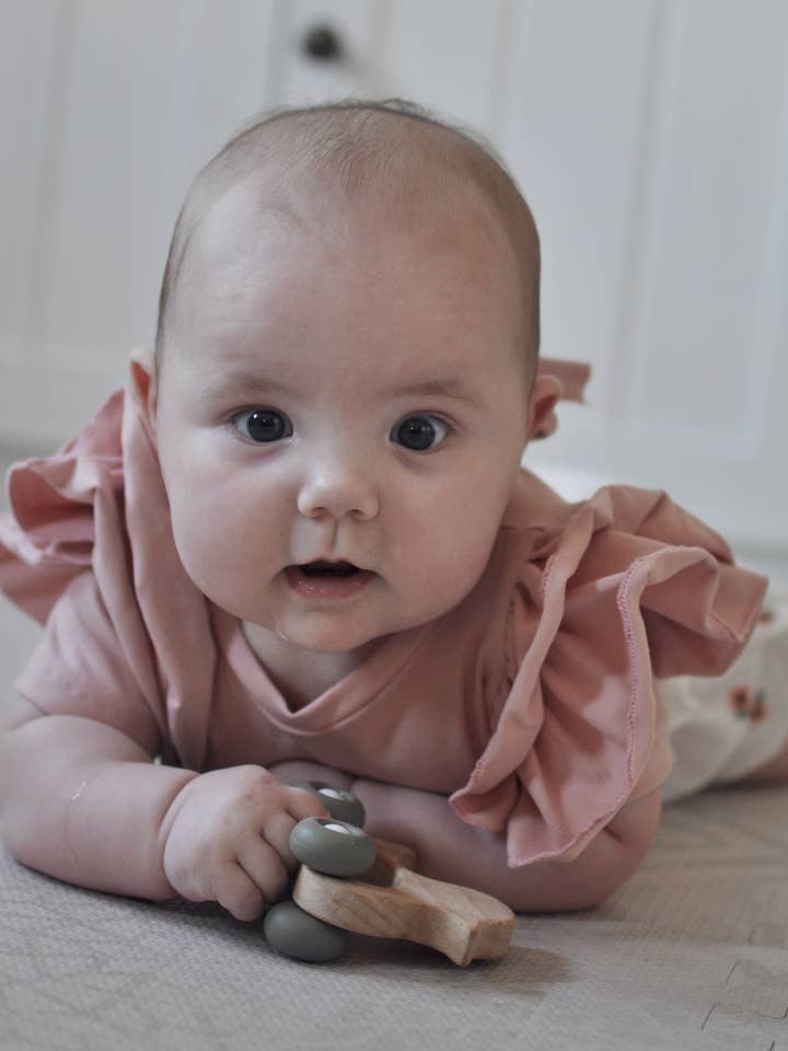 Short Sleeves Powder Pink Bodysuit With Ruffles, Flutter for wholesale by Petiteaude