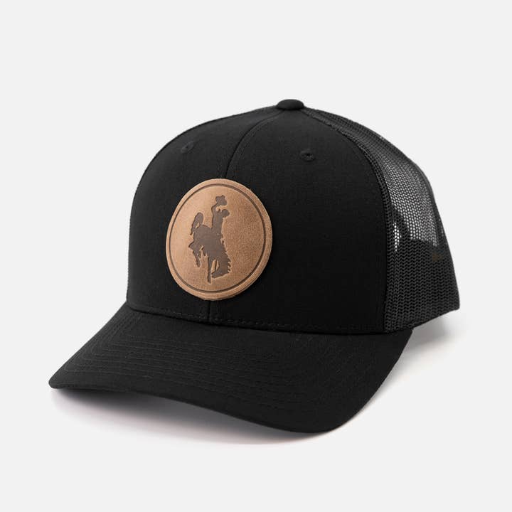 Range Leather Co. - Wholesale Trucker Hat - Unisex - Steamboat Hat - University of Wyoming Leather Patch Hat