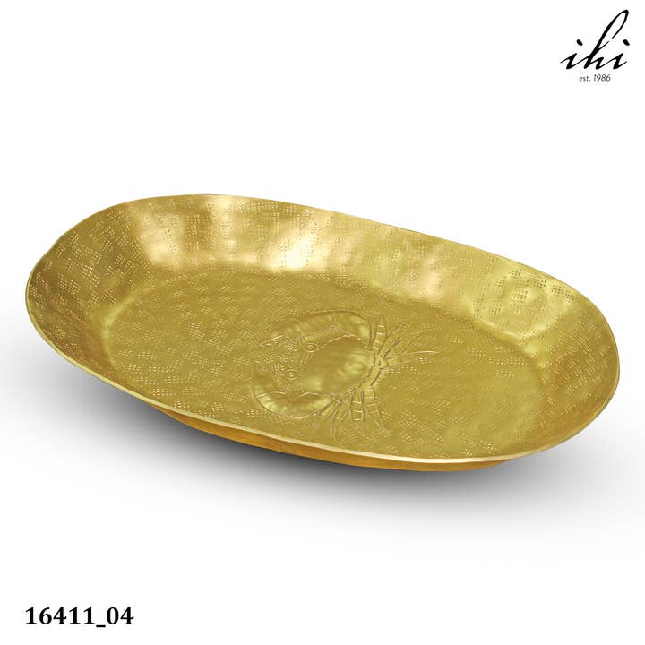 India Handicrafts Inc - Wholesale Decorative Tray - Golden Oval Crab Etch Tray6