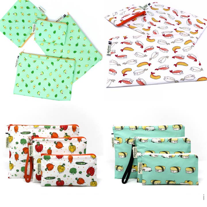 Avocado Vegetable Sushi Printed Reusable Zipper Pouch Sets for wholesale by MYSGREEN
