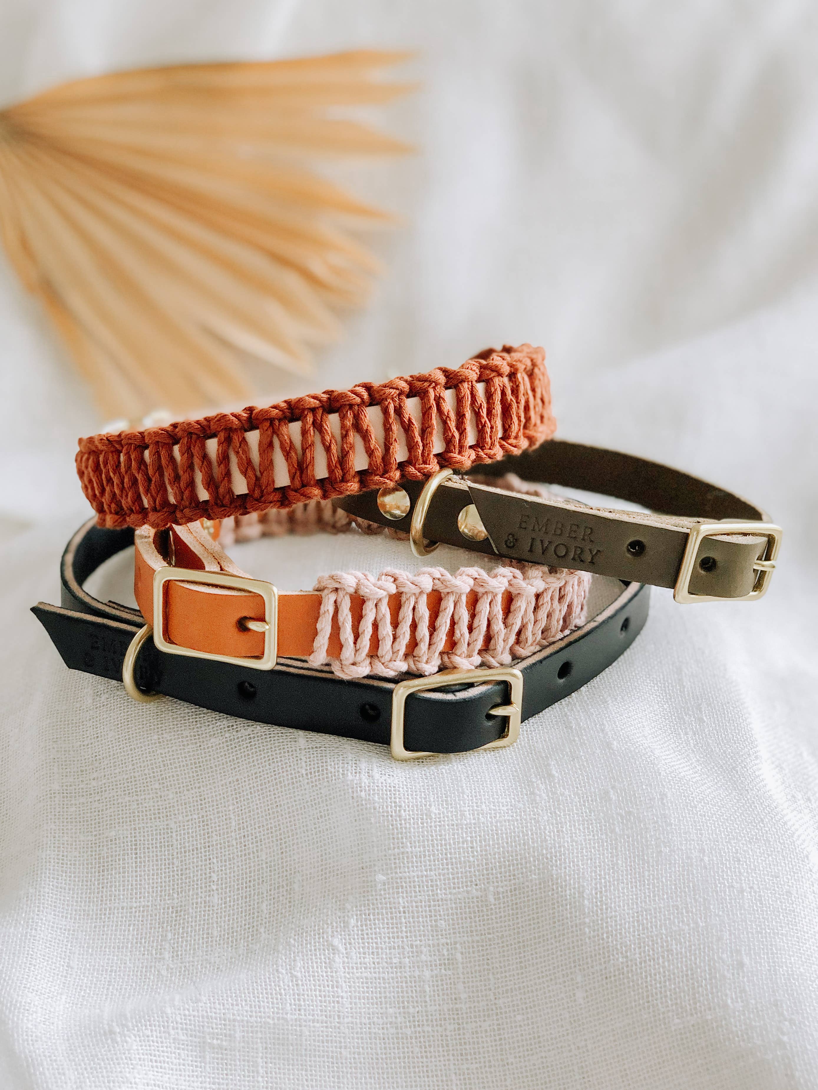 EMBER & IVORY - Wholesale Pet Collar - Dog - Caramel/Blush Macrame & Leather Dog Collar3