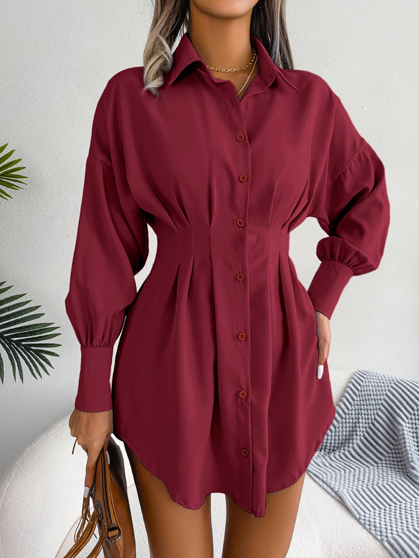 Anna Kaci Wholesale – wholesale Dress – Women's – Pleated-Waist Button-Front Shirt Dress1