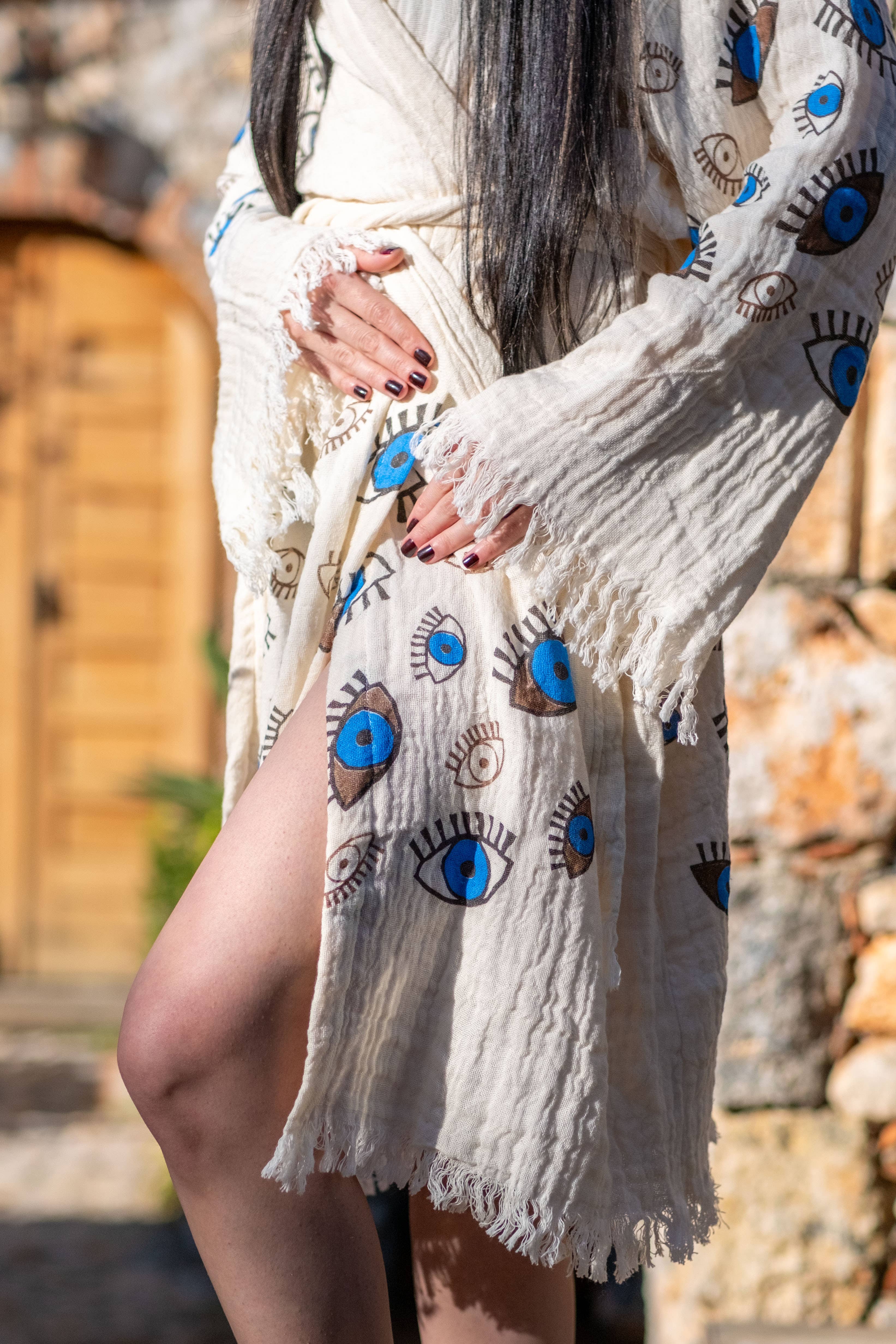 ASILEX HOME COLLECTION - Wholesale Robe - Unisex - Hooded Muslin Cotton Bathrobe | All-Over Evil Eye Design1