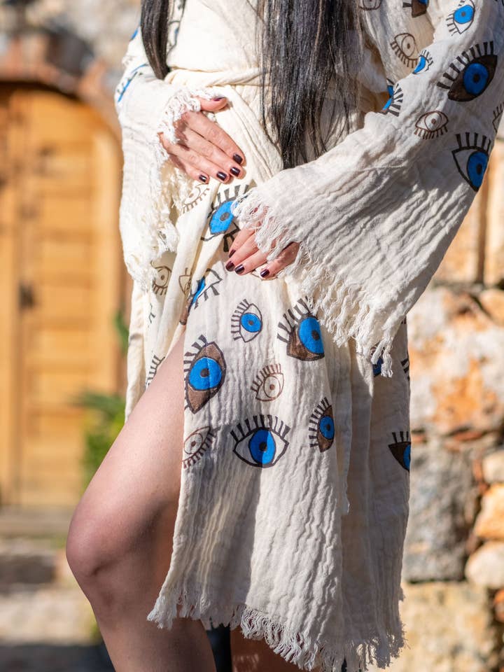 ASILEX HOME COLLECTION - Wholesale Robe - Unisex - Hooded Muslin Cotton Bathrobe | All-Over Evil Eye Design1