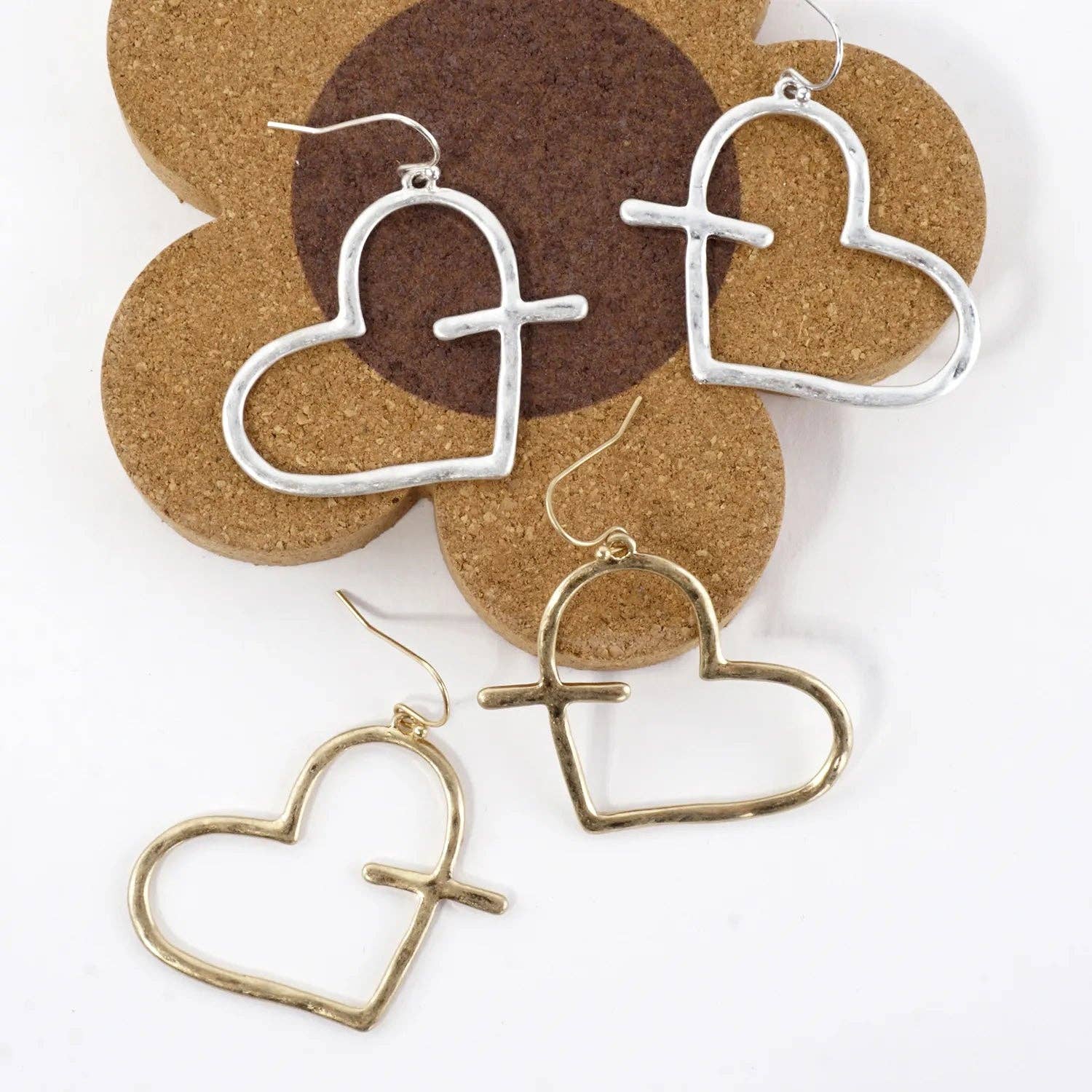 Wild Honey - Wholesale Dangle Earrings - Hammered-Texture Cross-Heart Combined Earrings3