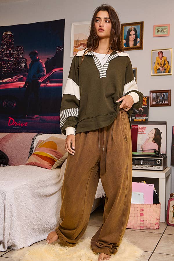 BUCKETLIST INC - Wholesale Knit Top - Women's - T2004 French Terry Knit Color-block Collared Loose Fit Top21