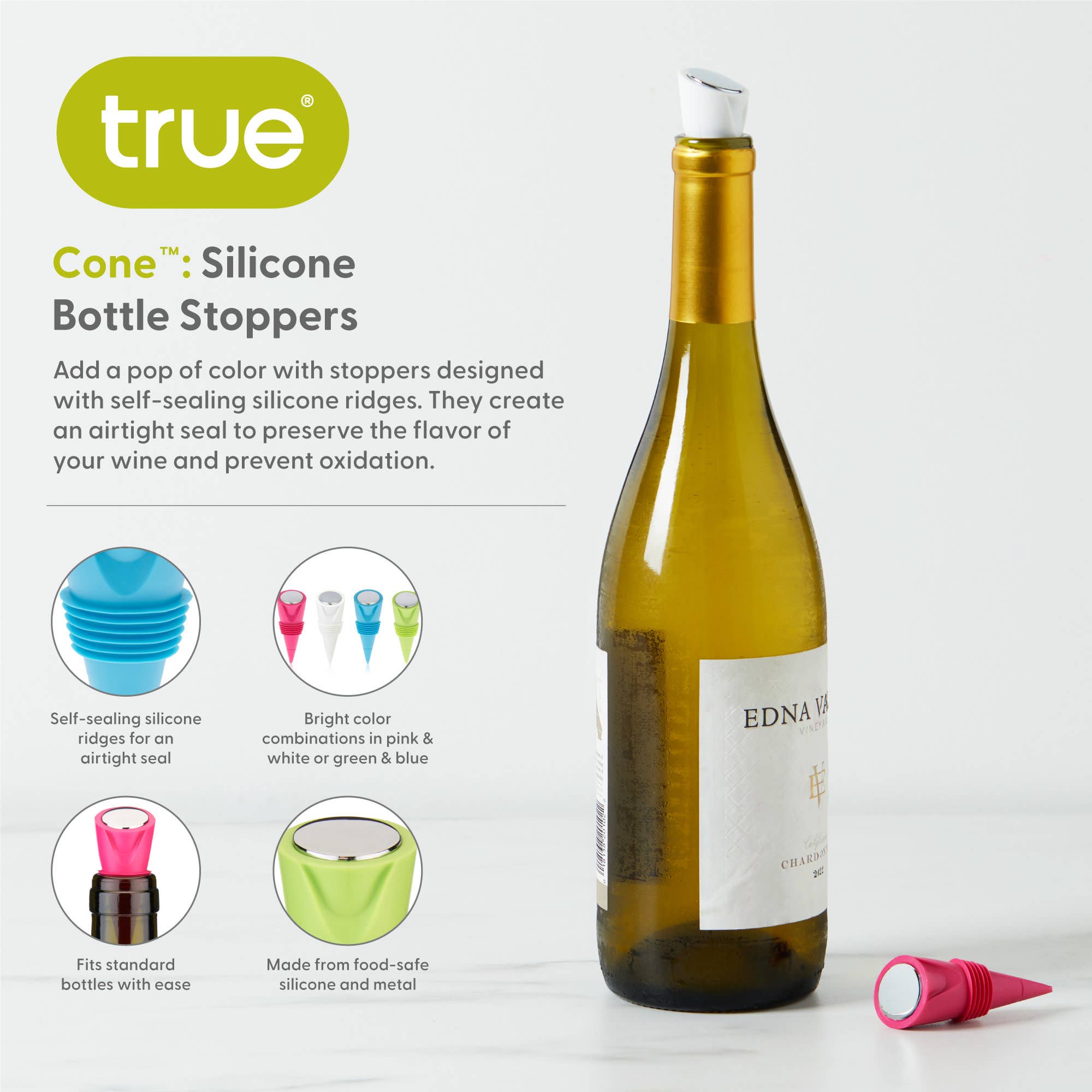 TRUE - Wholesale Wine Stopper - Cone Silicone Bottle Stoppers Set of 2 ASST COLORS3