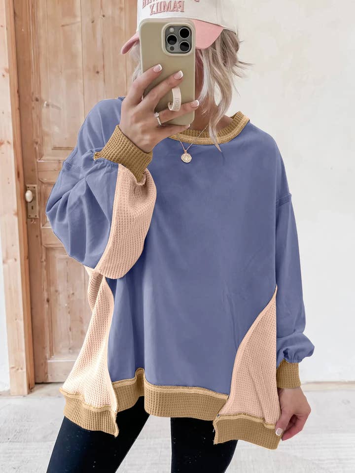 Lovesoft - Wholesale Sweatshirt - Women's - Color Block Mix Texture Waffle Patchwork Oversize Sweatshirt11