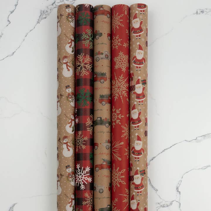 JAM PAPER - Wholesale Wrapping Paper Roll - Christmas Wrapping Paper, 125 Sq Ft Total, Kraft Set, 5PK3