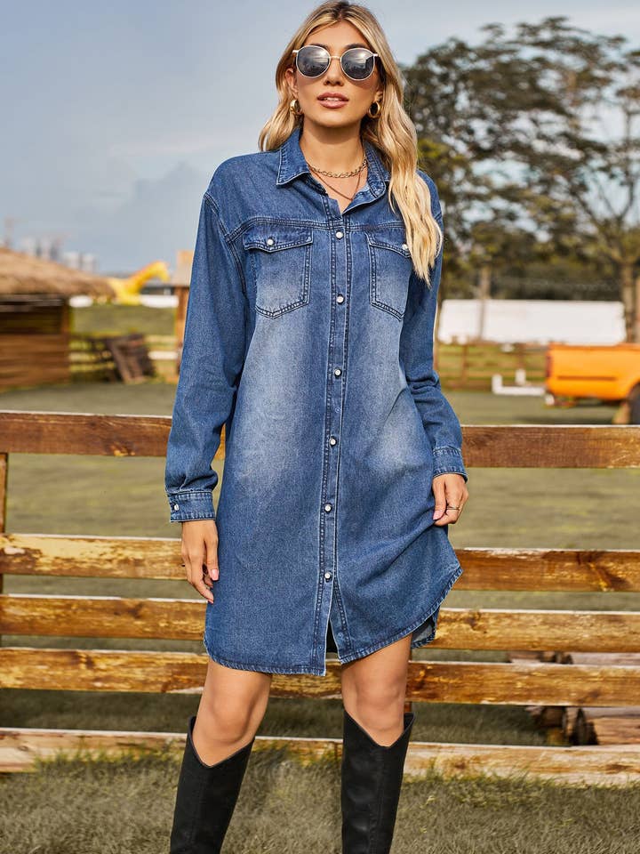 Denim Long-Sleeve Button Down Jean Shirt Dress and other Purchase Wholesale chambray dress. Free Returns & Net 60 Terms on Faire trending on Faire.