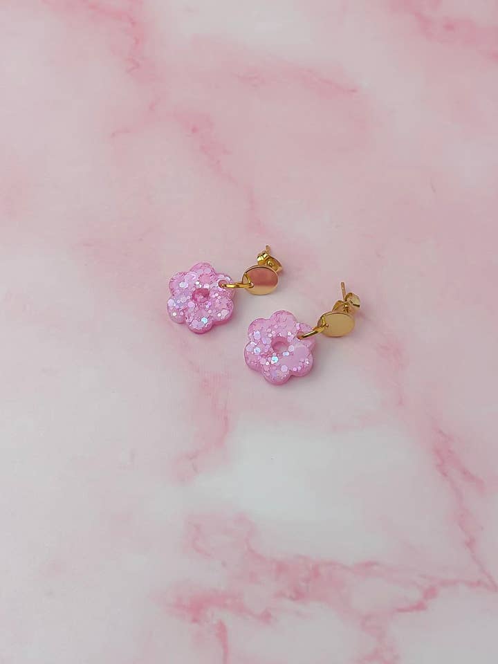 Pink flowers - Pastel pink glitter disc drops Resin Earrings for wholesale by ThatsSewLauraUk