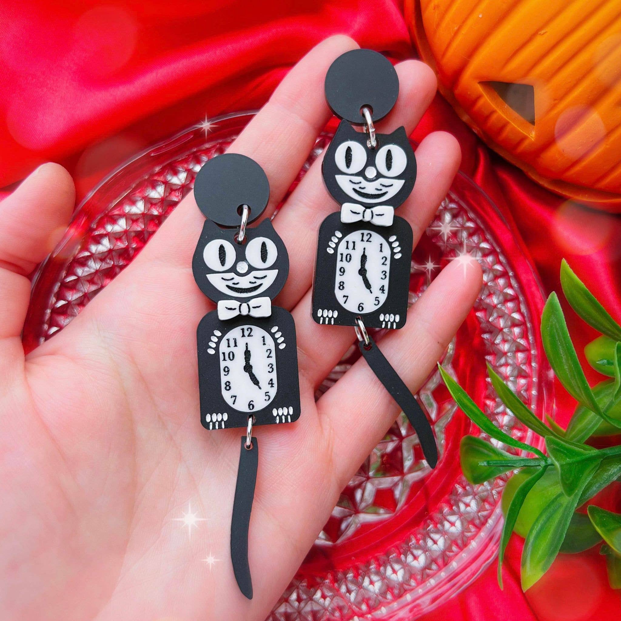 KGF Studios - Wholesale Dangle Earrings - Black Cat Clock Handmade Acrylic Earrings & Keychains1