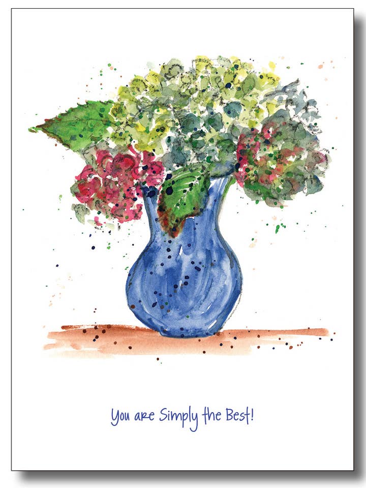 Blå vase af hortensiaer - takbesked for engroshandel hos WORDS & WATERCOLORS BY PEG CONLEY