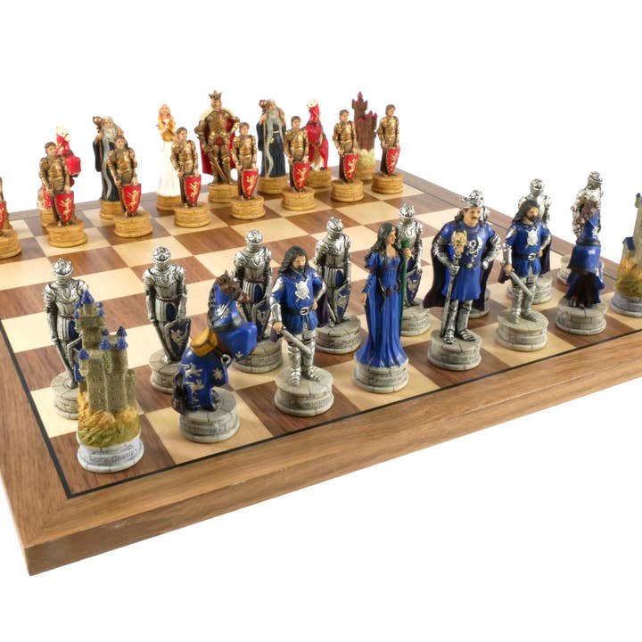 Chess Set - King Arthur Resin Chessmen on Walnut/Maple Chess Board for wholesale by WorldWise Imports