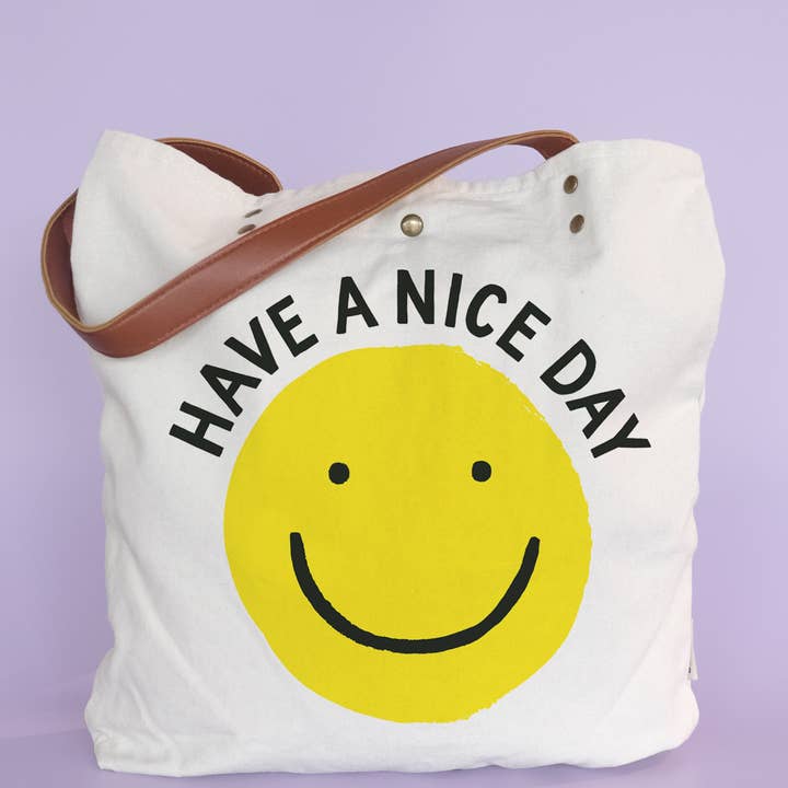 Idlewild Co. - Wholesale Tote Bag - Women's - Smiley Canvas Tote Bag with Vegan Leather Handles0