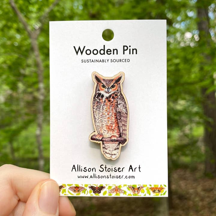 Great Horned Owl Wooden Pin (Sustainably Sourced) for wholesale by Allison Stoiser Art