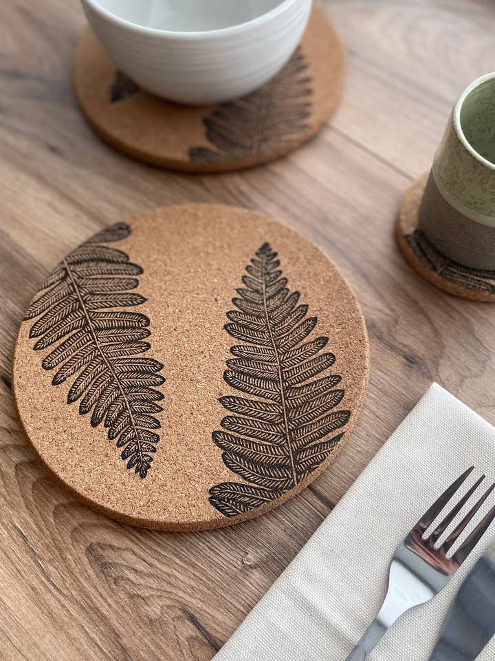 Fern linocut Cork Placemat for wholesale by Jackdaw and Bear
