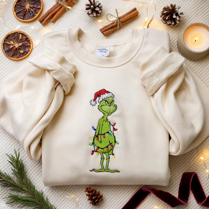 TheKingShirt - Wholesale Graphic Sweatshirt - Women's - Embroidered Grinch Christmas Lights Sweatshirt