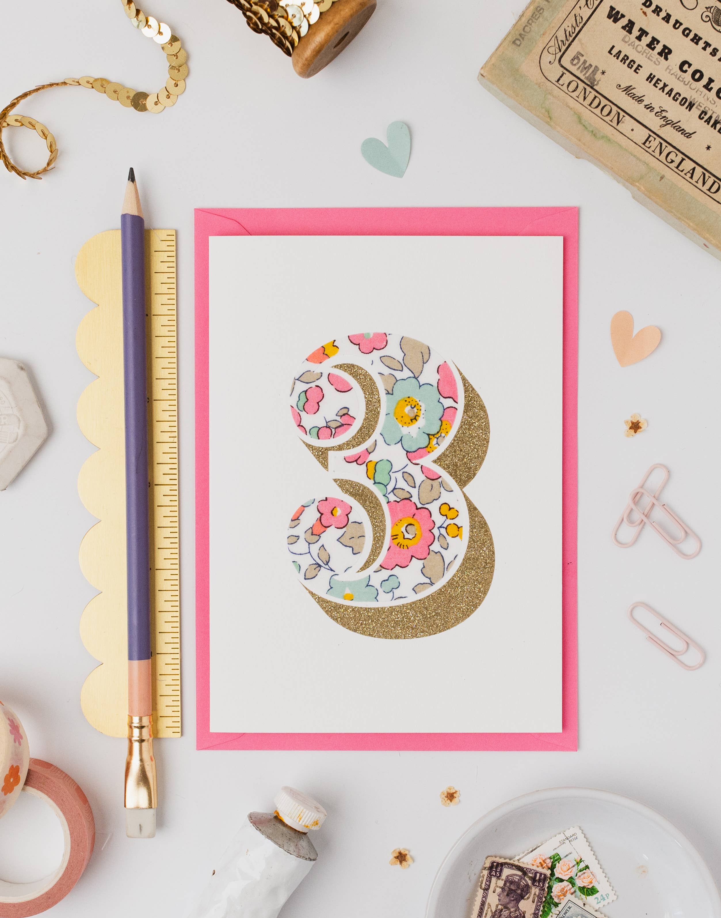 The Charming Press - Vendita all'ingrosso Biglietti di auguri - Biglietto di Compleanno per 3 Anni - Bio Glitter & Liberty Betsy Rosa1