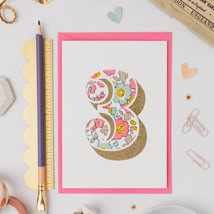 The Charming Press - Vendita all'ingrosso Biglietti di auguri - Biglietto di Compleanno per 3 Anni - Bio Glitter & Liberty Betsy Rosa1