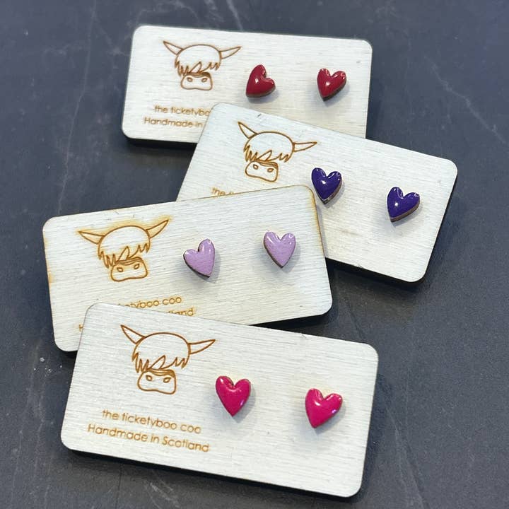 Colourful Wooden Love Heart Earrings for wholesale by the ticketyboo coo