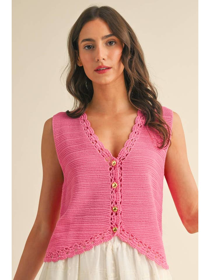 Vanilla Monkey - Vente Haut en maille – femme - Gilet en maille avec boutons et bordure en crochet3