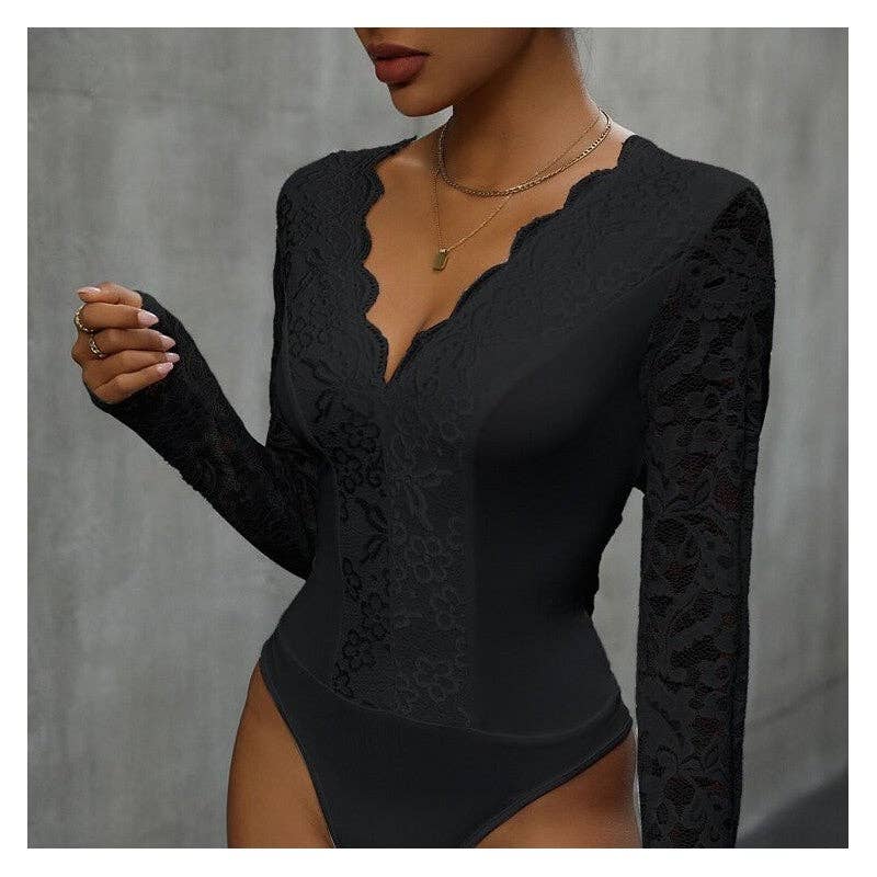 FurDecoration - Vente Combinaison – femme - Combinaison à manches longues et dos ouvert en dentelle à col en V2