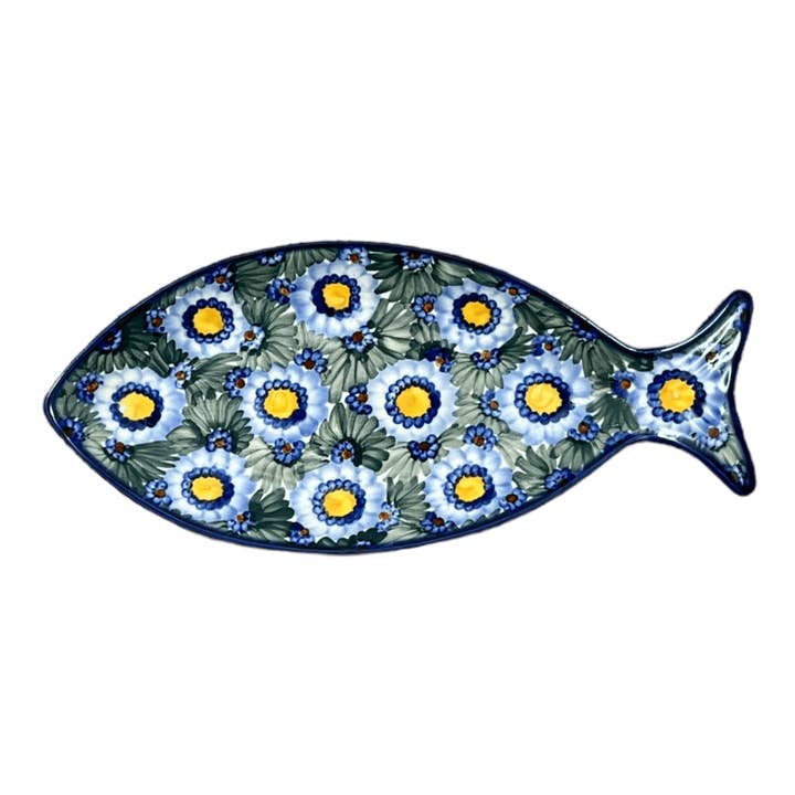 Plate, Fish-Shaped, 14.5" x 6.5", WR (WR13O) in "Impressionist's Dream" by W.R. Ceramika | WR13O-AB3 for wholesale by Polish Pottery Outlet