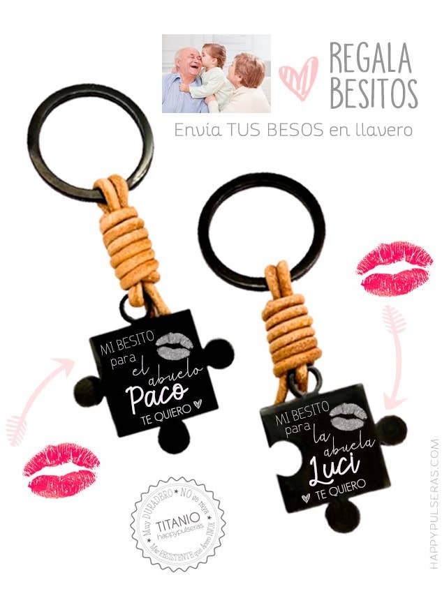 Puzzle en deux pièces en titane noir et porte-clés en cuir avec baiser. pour la vente par Happypulseras
