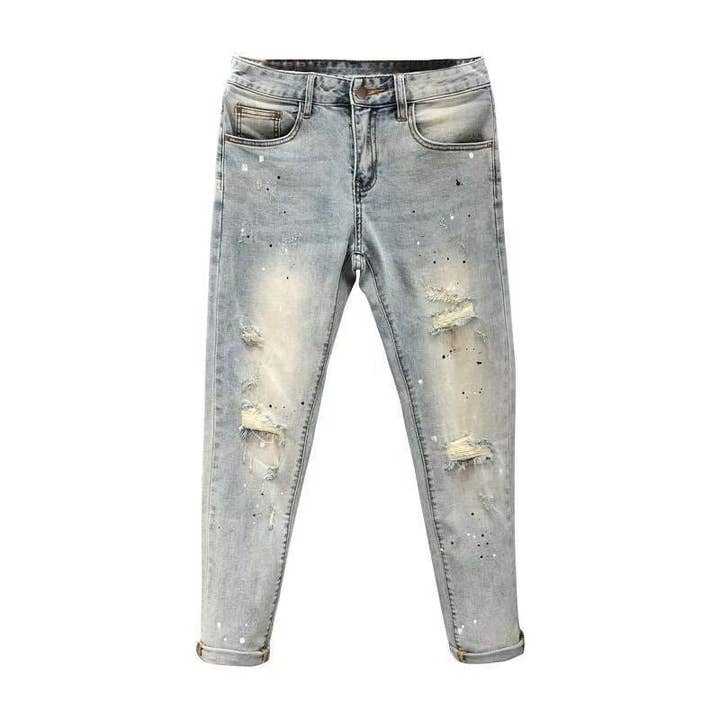 Moda Masculina Casual Tamanho Grande Jeans Rasgados Azul Claro por atacado de SALINA TRADING INC