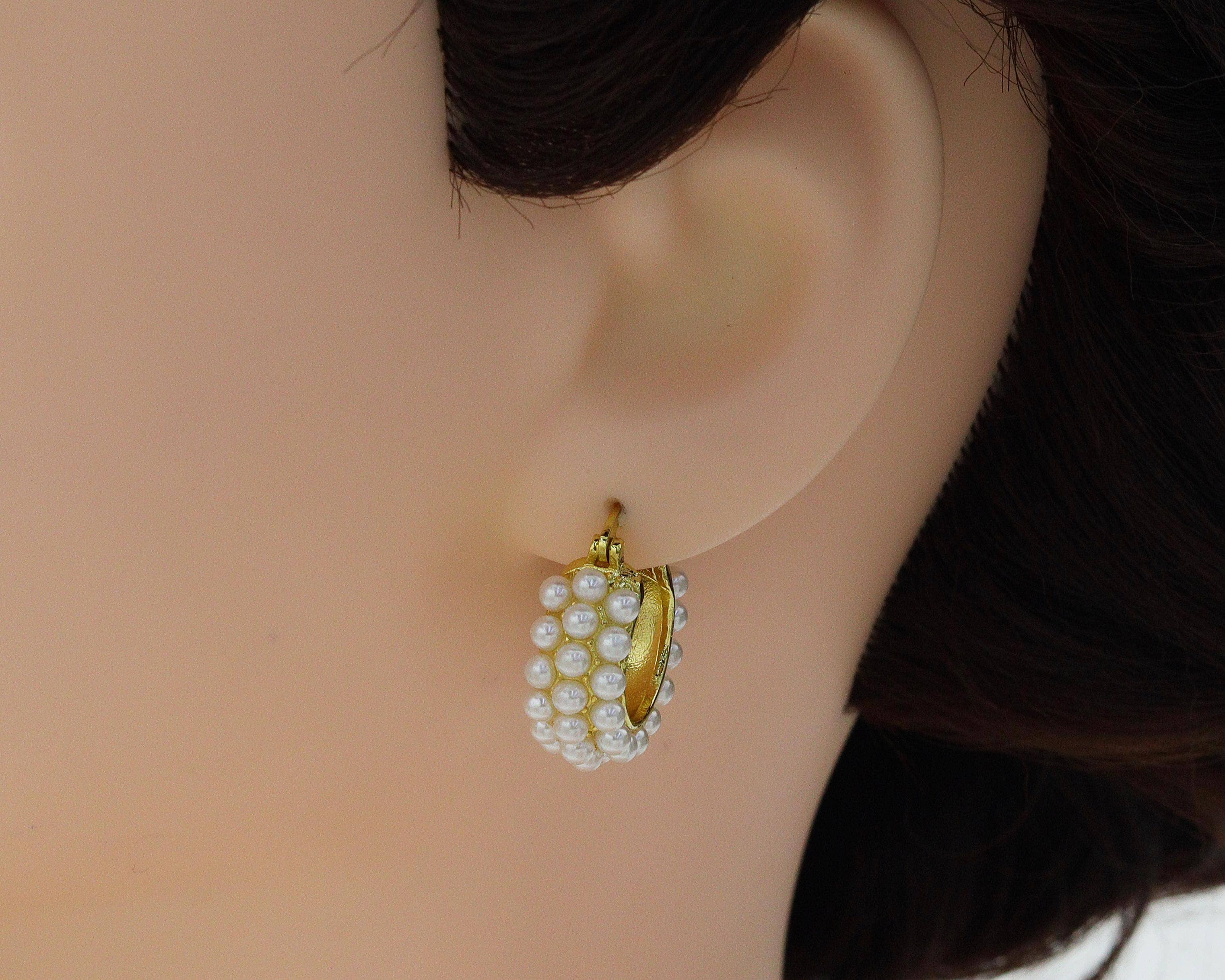 BestBeads&Beyond - Wholesale Huggie Earrings - Pearl Triple Line Huggie Earrings, Sku#B1533