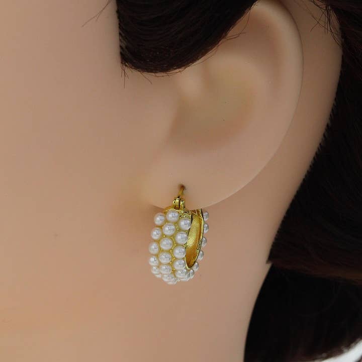 BestBeads&Beyond - Wholesale Huggie Earrings - Pearl Triple Line Huggie Earrings, Sku#B1533