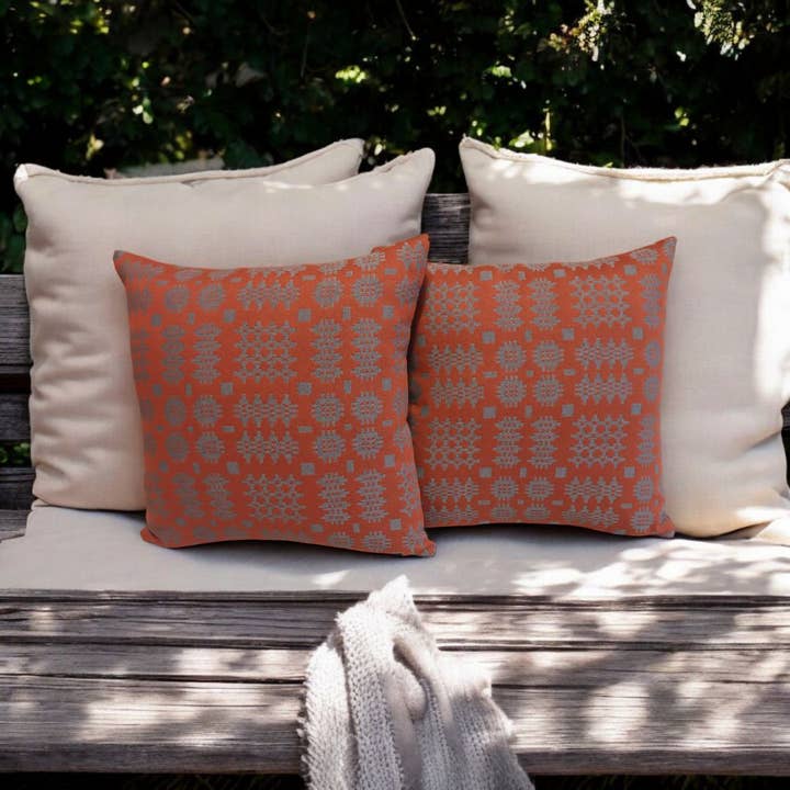 Burnt Orange Welsh tapestry Blanket design Cushions for wholesale on Faire