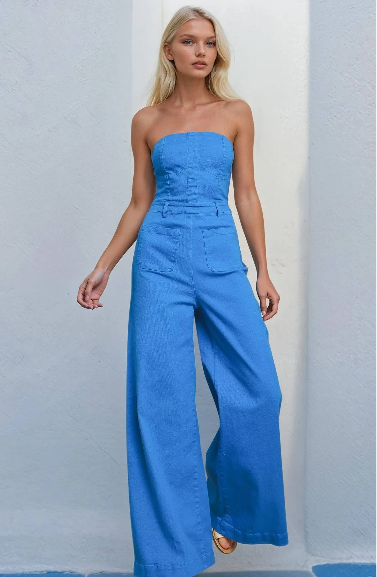 WISTERIA LANE – Engroshandel Jumpsuit - Dame – Off-shoulder jumpsuit med vidde ben i lime denim4