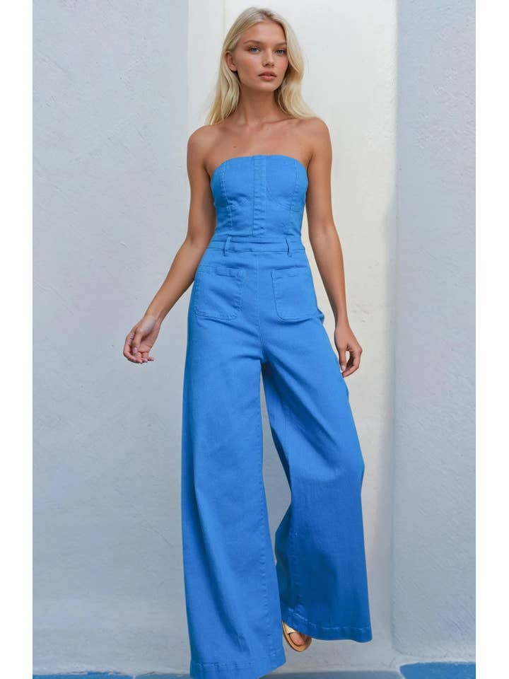 WISTERIA LANE – Engroshandel Jumpsuit - Dame – Off-shoulder jumpsuit med vidde ben i lime denim4