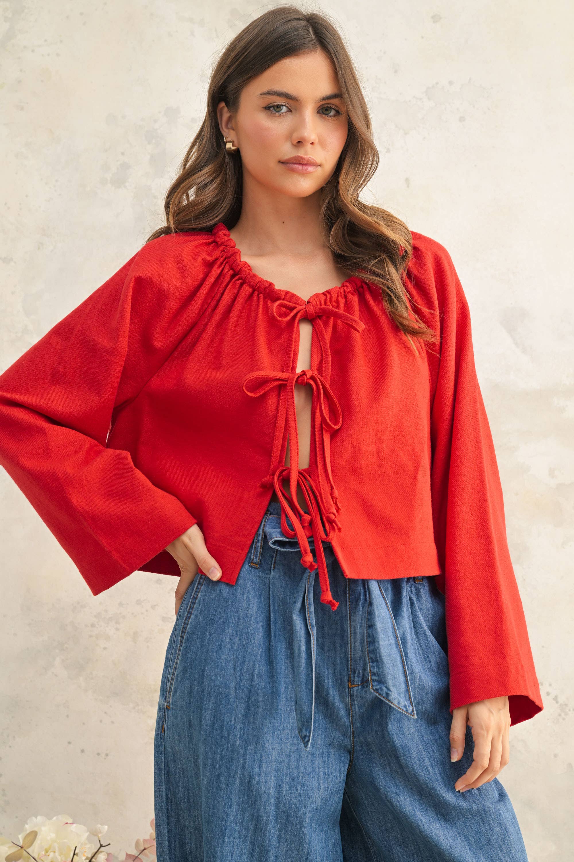 MIOU MUSE – Großhandel Strickjacke – Damen – Leinenmischung Cardigan mit Bindeband vorne14