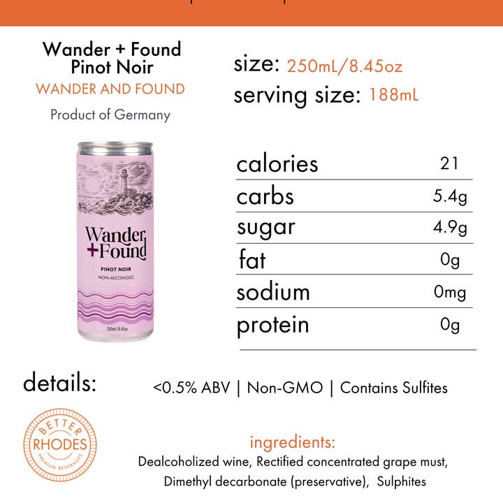 Better Rhodes - Wholesale Non-Alcoholic Spirits/Wine/Beer - Wander + Found Non-Alcoholic Pinot Noir Cans